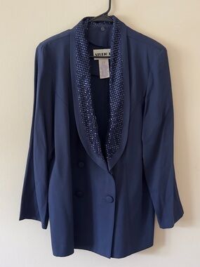 Navy Sequin Shawl-Collar Blazer and Pants Set